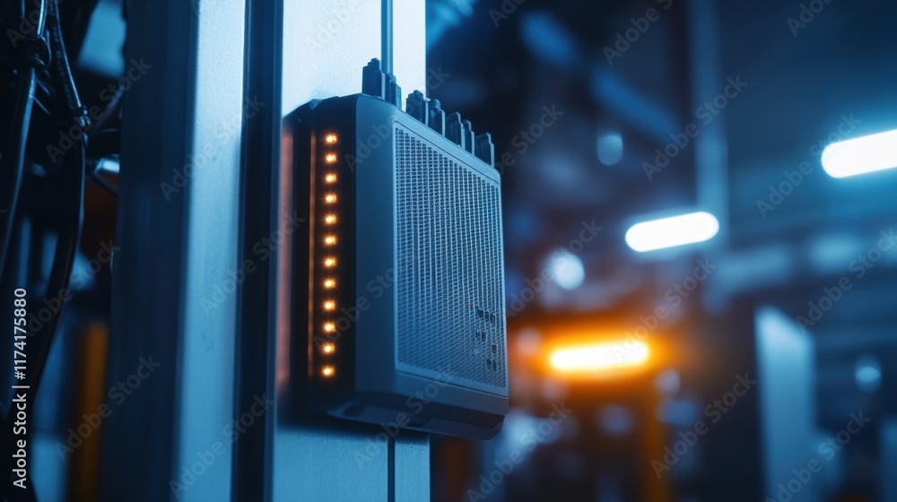Poster flashing lights on a network server router are operating within a data center, facilitating seamless