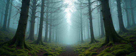 Mysterious forest path embraced by mist and moss, creating an ethereal atmosphere in Nature's Sacred Spaces