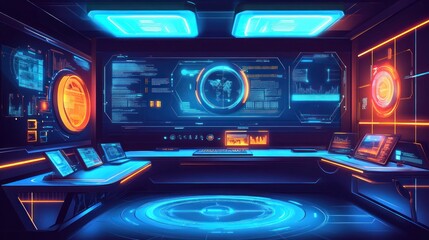 Fototapeta premium Futuristic control room with holographic screens, glowing interfaces, and a sleek metallic design 