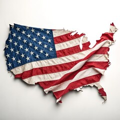 Torn American Flag Map Patriotic Concept, USA Shape, Damaged Fabric, White Background Patriotism, Memorial Day