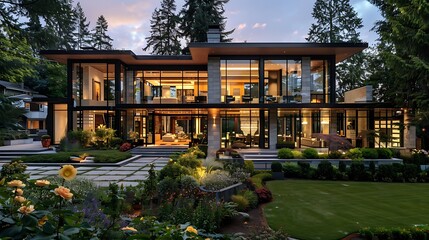 Obraz premium A modern urban house with a sleek rooftop terrace, large windows providing city views, and a spacious open-plan living area with contemporary furniture.