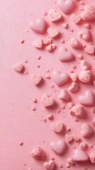 A pastel pink background with scattered hearts and a subtle bokeh effect, leaving space in the center for text