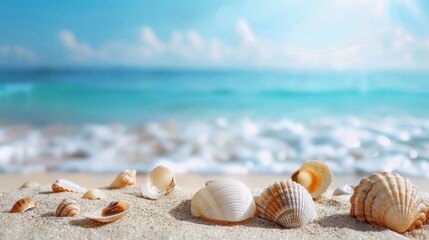 Close-Up of Seashells on Sandy Beach with Ocean Backdrop for Coastal Lifestyle Content
