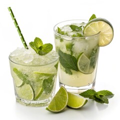 Fototapeta premium Refreshing Mojito Cocktail Two Glasses, Lime, Mint, Ice, Close-up, White Background, Green Straw Mojito