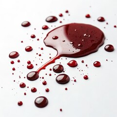Red Liquid Spilled Abstract Composition of Drops and Puddle on White Background, Blood Splatter, Abstract Art Blood, Texture