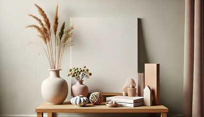 A light wood console table displays a curated collection of neutral-toned home decor items.