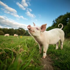 Playful Piglet in Green Pasture Low Angle Composition, Cute Expression, Happy Farm Animal, Piglet Photography pig, farm animal