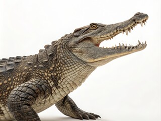Fototapeta premium Profile View of a Crocodile Detailed Close-Up Composition, White Background, Reptile Texture, Crocodilian Concept Reptile, Wildlife