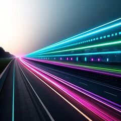 Fototapeta premium Neon Highway Long Exposure, Cityscape, Speed, Light Trails, Digital Art, Pink Purple Blue Green highway lights, speed art