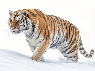 Obraz premium Majestic Siberian Tiger in Winter Snow Full Body Composition, White Background, Powerful Concept, Wildlife Photography Siberian tiger, winter wildlife photography