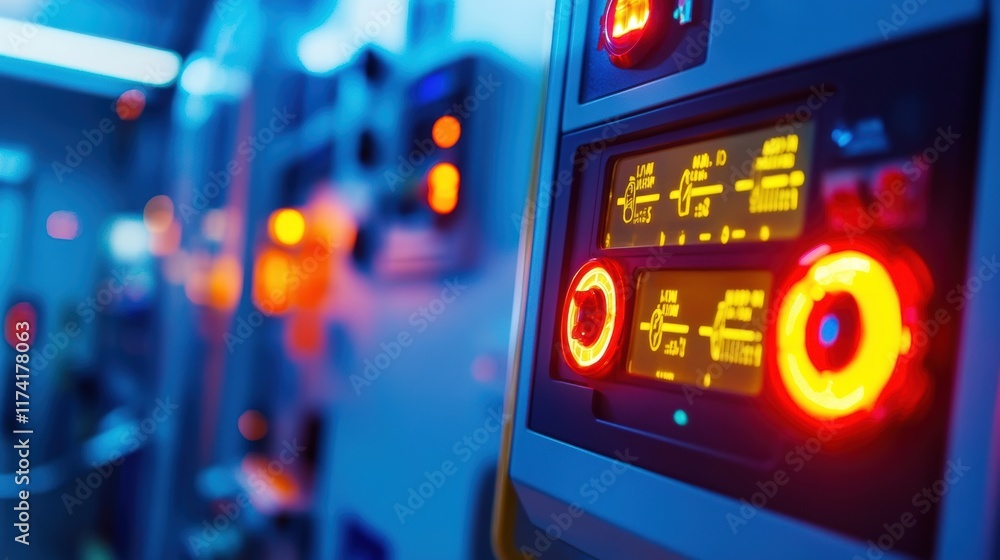Poster control panel with illuminated dials and digital displays showing data in a modern industrial factor