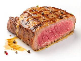 Grilled Steak Medium-Rare, Close-up Food Photography, Juicy Texture, Peppercorns, Sauce, Delicious, Beef