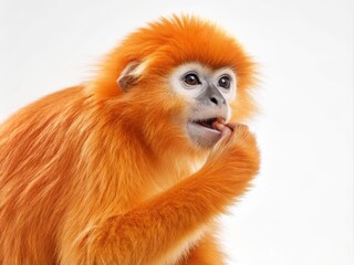 Obraz premium Golden Lion Tamarin Portrait Close-up, Fluffy Fur, Eating, White Background, Wildlife Photography, Primate, Animal Golden Lion Tamarin