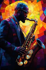 Jazz Music Performance Abstract Art Deco Poster Featuring Saxophonist with Vibrant Colors and...