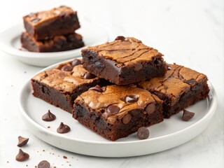 Fudgy Chocolate Chip Brownies Stacked Composition, Close-up Image, Dessert Concept, Chocolate, Brownie Brownie recipe, baking