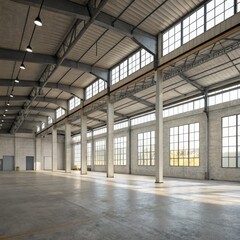 Obraz premium Empty Industrial Warehouse Interior High Ceiling, Concrete Floor, Large Windows, Architectural Photography, Industrial Design. industrial space, warehouse photography