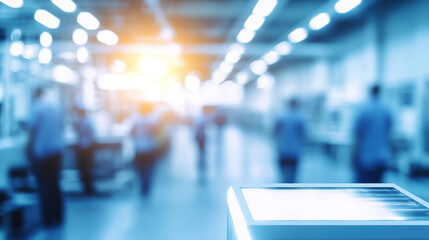 Fototapeta premium Blurred background of an electronic factory with workers and equipment in the foreground