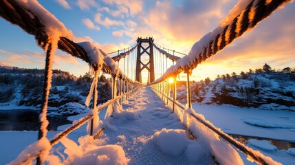 Fototapeta premium A picturesque suspension bridge surrounded by snow and ice reflects a stunning sunset, creating a serene winter scene filled with beauty and tranquility.