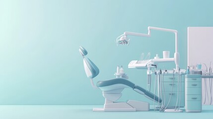 dental chair and medical diagnosis machine equipment at hospital health care dentistry as wide banner with copy space area, 3D render