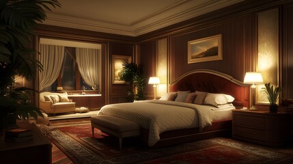 A 3D-rendered luxurious bedroom with a plush bed, modern decor, and soft, ambient lighting, offering a stylish and serene environment