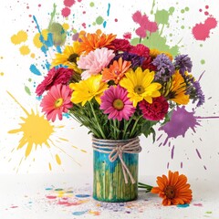 Colorful Gerbera Daisies in Painted Jar with Splashes, Floral Still Life, Abstract Background, Gerbera, Daisy Gerbera, Still Life