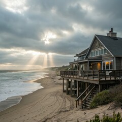 Coastal House Sun Rays Beach Composition, Seascape, Architecture, Oceanfront Beach House, Coastal home