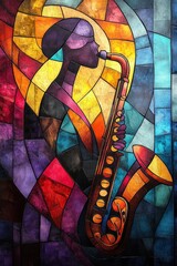 Abstract Art Deco Jazz Performance Poster Featuring Female Saxophonist in Bold Colors and Chiaroscuro Lighting