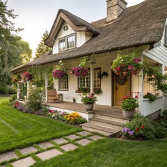 Obraz premium Charming Thatched-Roof Cottage with Lush Landscaping, Wide-Angle Composition, Floral Decor, Exterior Design, Home Decor, Architecture Cottage, Landscaping