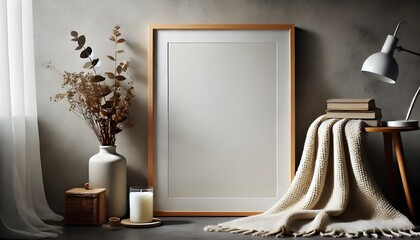Boho Interior with Empty Frame and Blanket