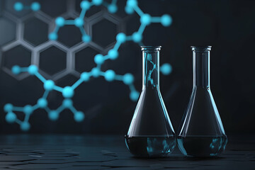 Two Erlenmeyer flasks containing a dark blue liquid sit on a dark surface against a backdrop of a blurred molecular structure.  Perfect for scientific research, chemistry, and laboratory concepts.