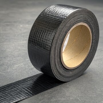 Black Butyl Rubber Roll Close-up Composition, Dark Grey Background, Waterproofing Concept Butyl Tape, Roofing Membrane
