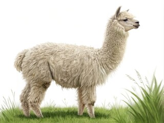 Fototapeta premium Alpaca in Grassland Digital Painting, Side Profile, Fluffy Texture, White Background Alpaca, Digital Art