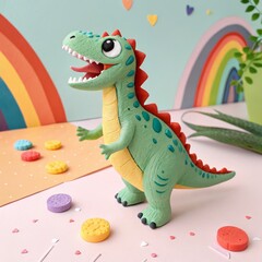 Obraz premium Adorable Polymer Clay Dinosaur Figurine Rainbow Background, Cute Concept, Pastel Colors Polymer Clay, Dinosaur Figurine