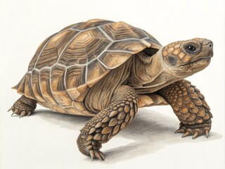 African Spurred Tortoise Colored Pencil Drawing, Detailed Shell Texture, Wildlife Concept Tortoise, Reptile
