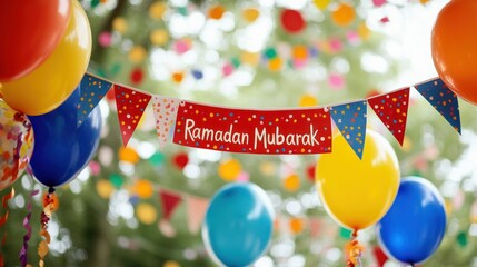 A festive Ramadan Mubarak banner hangs amidst colorful balloons and bokeh lights. Ideal for Ramadan greetings, social media, or event invitations.