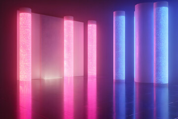 Obraz premium Abstract neon light installation with pink and blue illuminated bubble columns reflecting on a glossy floor. Ideal for backgrounds, design, and futuristic concepts.