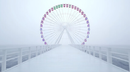 Ferris wheel on pier in fog.