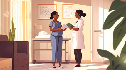 Healthcare professionals interact with expectant mothers during prenatal visits. Mistweave. Illustration
