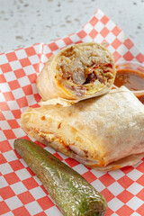 A view of a breakfast burrito.