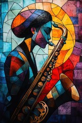 Vibrant Abstract Composition Featuring Female Saxophonist in Bold Colors and Chiaroscuro Lighting for Jazz Performance