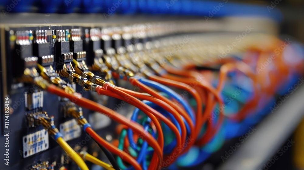 Poster colorful electrical wires are connecting to a circuit board, creating a complex network of connectio