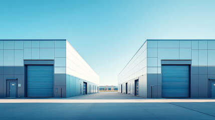 A photograph of two modern warehouse buildings with double doors, against a blue sky background