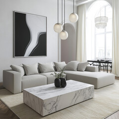 Modern living room with large black and white abstract painting hanging, Modern living room, living room with a sofa, cozy space, Home interior, arch window, glass ball lights