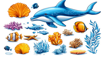 Naklejka premium Colorful ocean life illustration featuring dolphin, coral, fish, starfish, and seashells on white background.