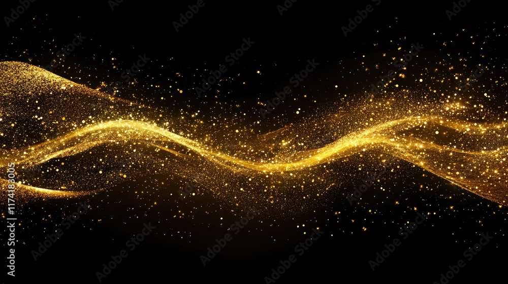Poster digital gold particles wave and light abstract background with shining floor particle stars dust. fu