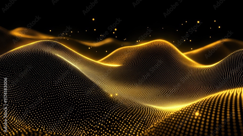 Poster digital gold particles wave and light abstract background with shining floor particle stars dust. fu