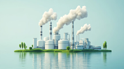 A white factory with smokestacks emitting clouds of steam, standing on an island in the middle of a body of water, with a simple background