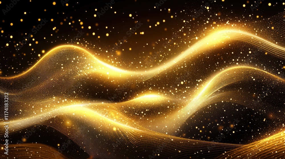 Poster digital gold particles wave and light abstract background with shining dots stars.