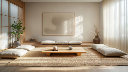 Japanese style modern living room, Japanese living room with very low sofa, zen style living room, Modern living room with a large abstract painting hanging
