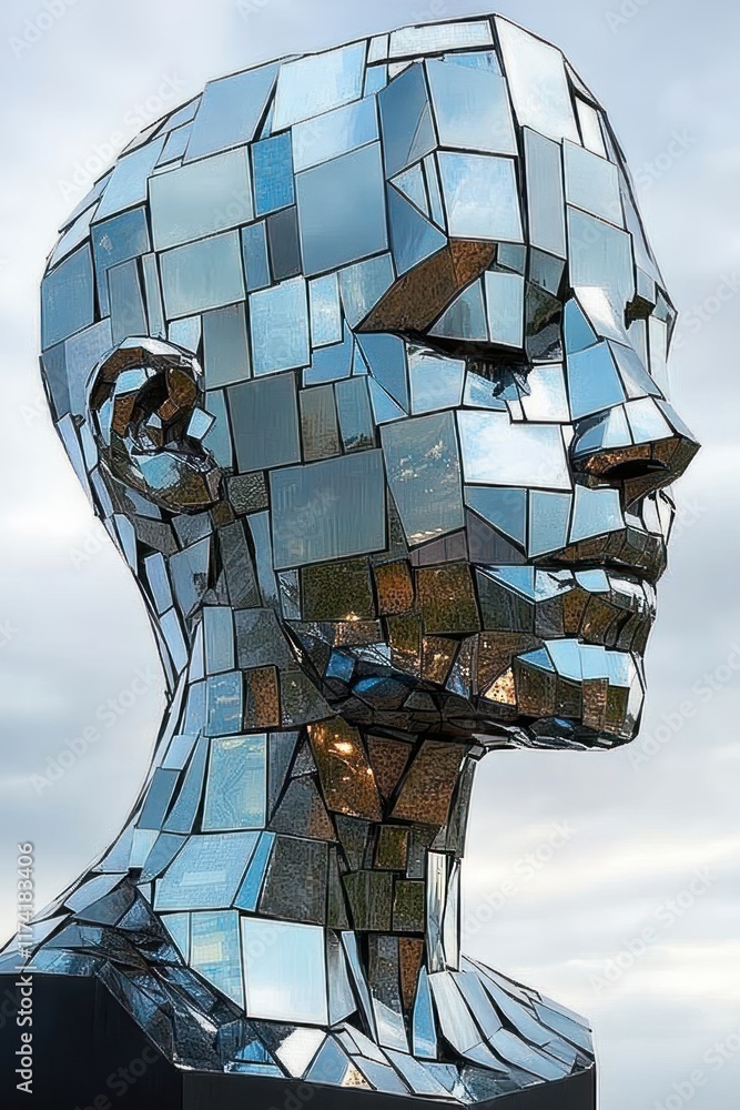 Poster abstract reflective human head sculpture in geometric design with cubes and patterns